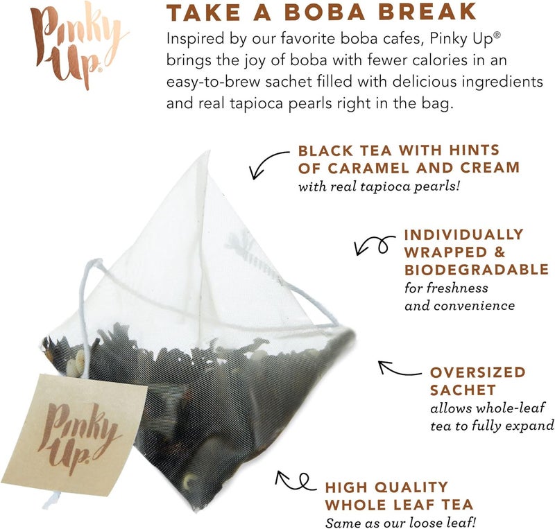 Pinky Up Brown Sugar Boba Tea Sachets - 12 Biodegradable Whole Leaf Black Tea Bags - Image 2